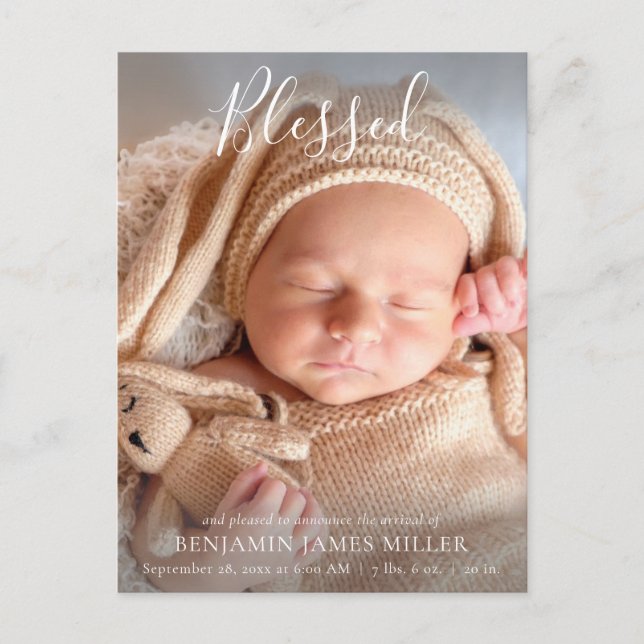 Blessed Christian Religious Modern Script Birth Announcement Postcard (Front)