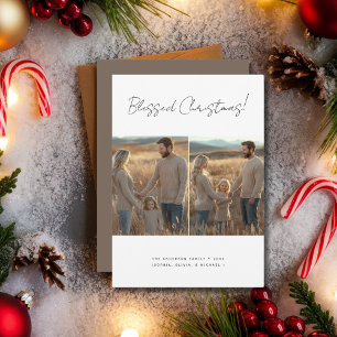 Blessed Christmas Christian Family Photo Grey Holiday Card