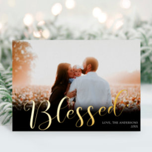 Blessed Christmas Elegant black gold foil photo