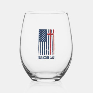 Blessed Dad Christian Flag Cross Vintage Shirt Des Stemless Wine Glass