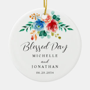 Blessed Day Pink Blue Floral Bible Verse Wedding Ceramic Tree Decoration