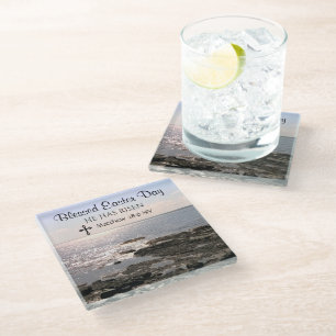 Blessed Easter Day Christ has Risen Ocean Photo Glass Coaster