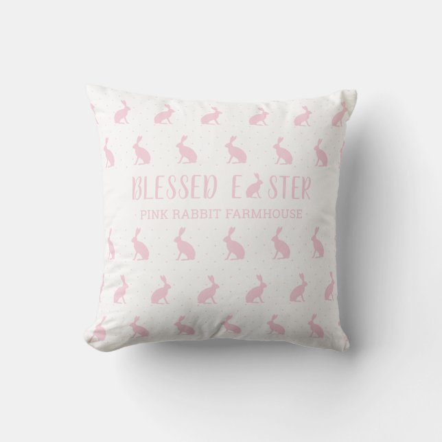 Blessed Easter. Soft Pink Rabbit Farmhouse Pattern Cushion (Front)