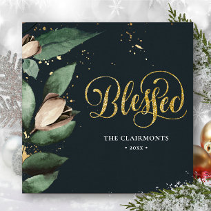 BLESSED   Elegant Magnolia Festive Gold Confetti Holiday Card