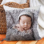 Blessed | Elegant Script Overlay Photo Cushion<br><div class="desc">This beautiful pillow says "Blessed" in elegant script typography,  over your personal photo. The back of the pillow features a second photo. Perfect for baby's first Christmas,  first year as a new family,  or for the newlywed couple and their first married Christmas.</div>