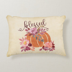 Blessed - Fall Pumpkin with Pink Flowers Decorative Cushion
