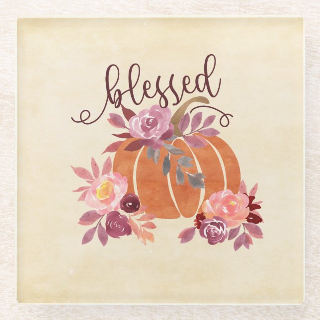Blessed - Fall Pumpkin with Pink Flowers Glass Coaster (Front)