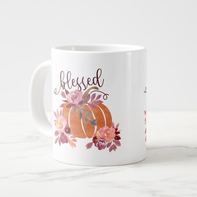 Blessed - Fall Pumpkin with Pink Flowers Large Coffee Mug (Front Left)
