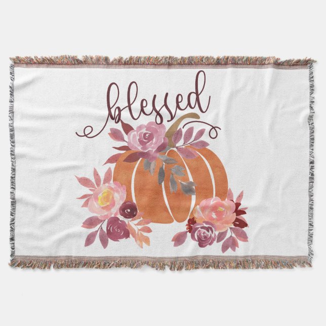 Blessed - Fall Pumpkin with Pink Flowers Throw Blanket (Front)