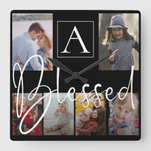 Blessed Family Name Script Monogram Photo Collage Square Wall Clock