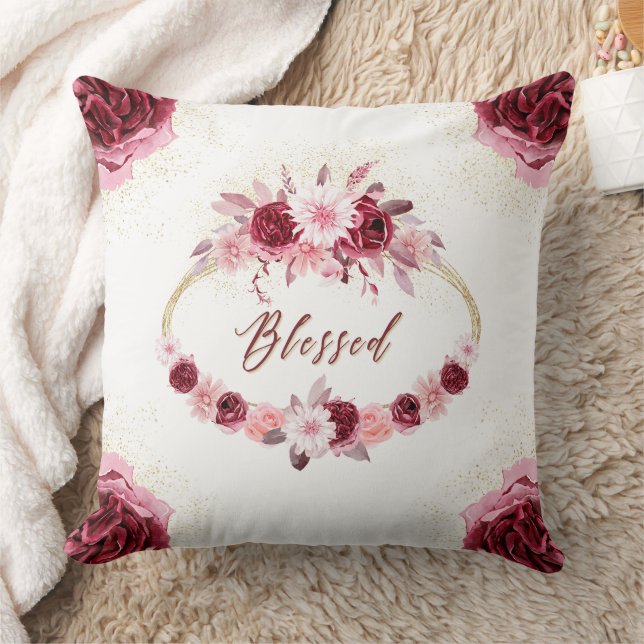 BLESSED Fancy Script Burgundy Floral Gold Wreath Cushion (Blanket)