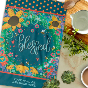 Blessed Floral Bees Hearts Fun Quote Name  Tea Towel