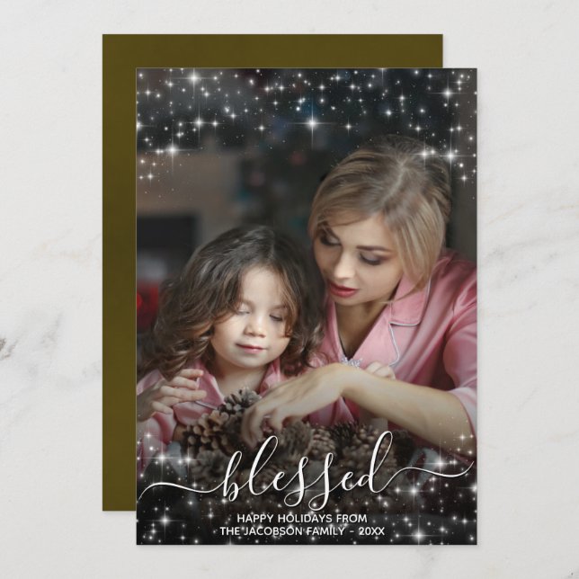 Blessed Full Photo with Sparkles Gold Christmas Holiday Card (Front/Back)