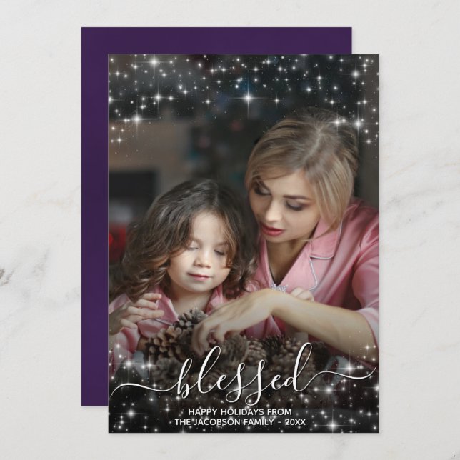 Blessed Full Photo with Sparkles Plum Christmas Holiday Card (Front/Back)