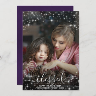 Blessed Full Photo with Sparkles Plum Christmas Holiday Card
