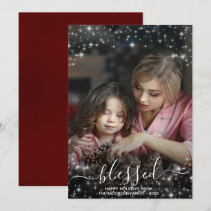 Blessed Full Photo with Sparkles Red Christmas Holiday Card