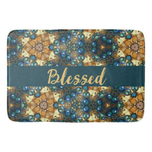 Blessed geometric design blue brown gold  bath mat