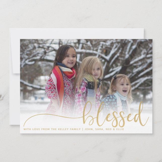 Blessed, Gold and White Large Photo Holiday Card (Front)