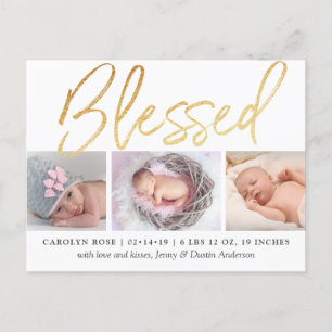 "Blessed" Gold Foil 3 Photo Birth Announcement Postcard