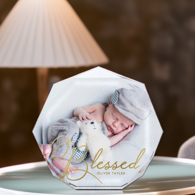 "Blessed" Gold Foil Effect Baby Personalised Photo Block (Creator Uploaded)