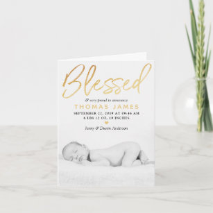 "Blessed" Gold Foil Photo Birth Announcement