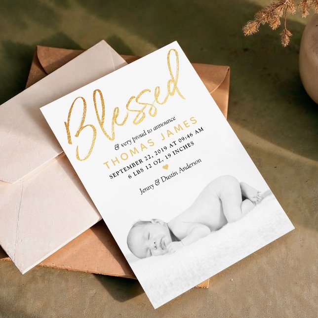"Blessed" Gold Foil Photo Birth Announcement (Creator Uploaded)