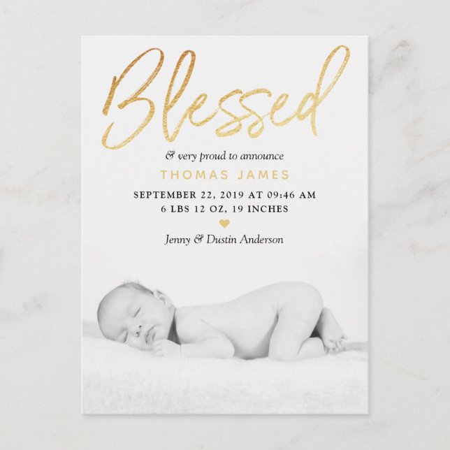 "Blessed" Gold Foil Photo Birth Announcement Postcard (Front)