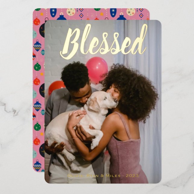 Blessed Gold Metallic Pink Christmas Vertical (Blessed Gold Metallic Pink Christmas Vertical Foil Holiday Card)