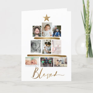 Blessed Gold Script Christmas Tree Photo Collage Holiday Card