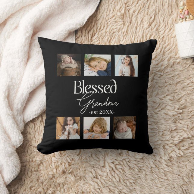 Blessed Grandma est Date with 6 photo collage Cushion (Blanket)