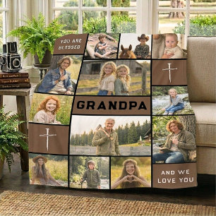 Blessed Grandpa 12 Photo Collage Custom Text Fleece Blanket