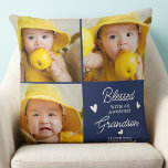 Blessed Grandparents Custom Modern 3 Photo Collage Cushion<br><div class="desc">Celebrate your grandparents with a custom photo collage pillow. This unique grandparents pillow is the perfect gift whether its a birthday, Grandparents day or Christmas from the grandchildren. Phrase "Blessed with an awesome Grandson" can be personalised for granddaughter. Personalise with 'I Love You and grandchilds name and two of your...</div>