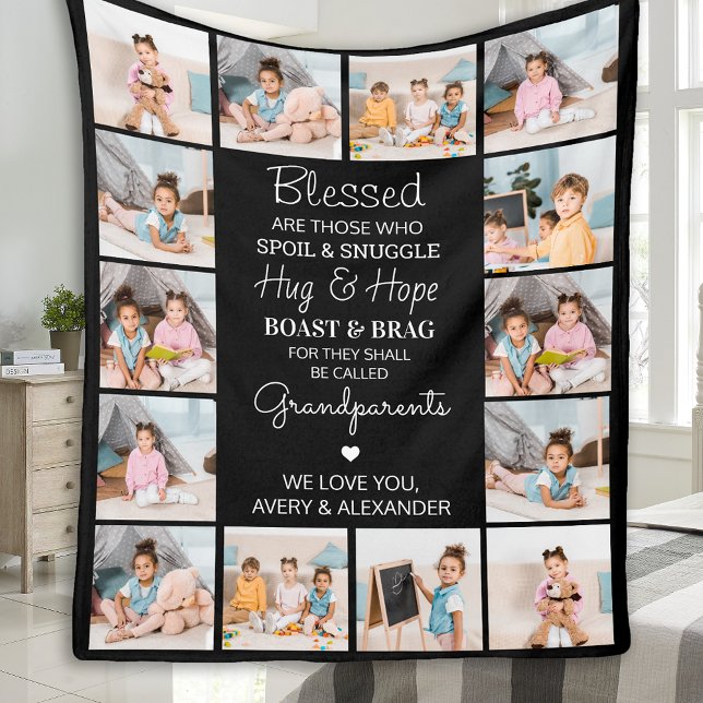 Blessed Grandparents Custom Modern Photo Collage Fleece Blanket (Creator Uploaded)