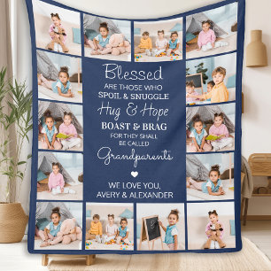 Blessed Grandparents Custom Navy Blue 14 Picture Fleece Blanket