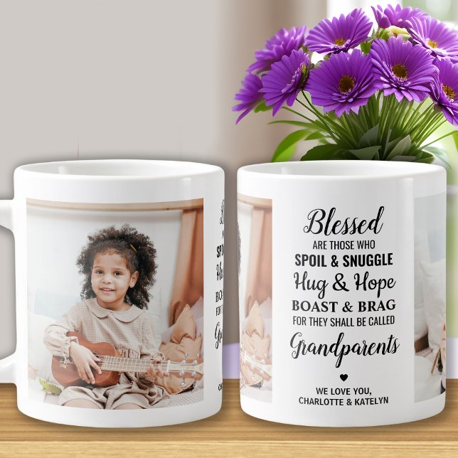Blessed Grandparents Modern Personalised 2 Photo Large Coffee Mug (Creator Uploaded)