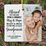 Blessed Grandparents Modern Personalized 2 Photo C Ceramic Ornament<br><div class="desc">Celebrate your grandparents with a custom photo ornament. This unique grandparents quote ornament is the perfect gift whether its a birthday, Grandparents day or Christmas. We hope your special keepsake grandparent gift will become a treasured keepsake for years to come. . Quote " Blessed are those who Spoil & Snuggle,...</div>