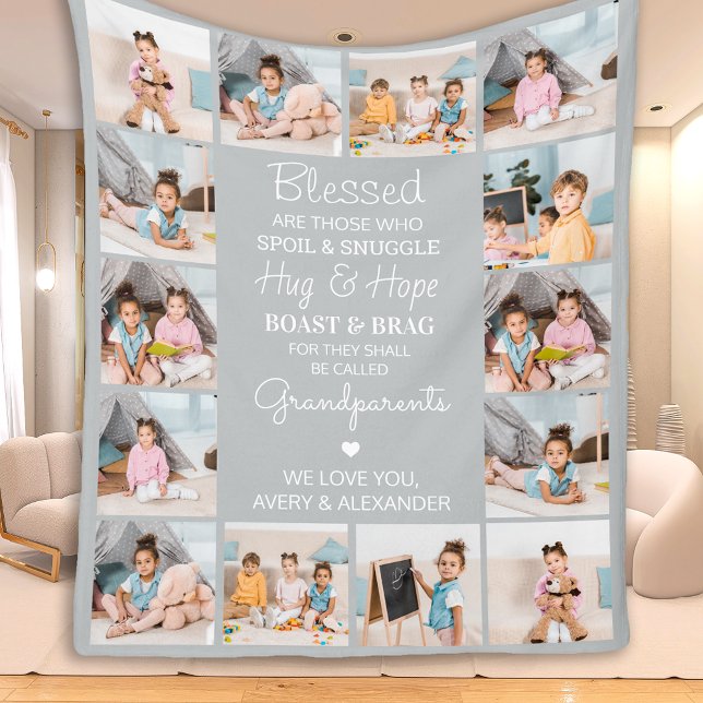 Blessed Grandparents Personalised Grey 14 Pictures Fleece Blanket (Creator Uploaded)
