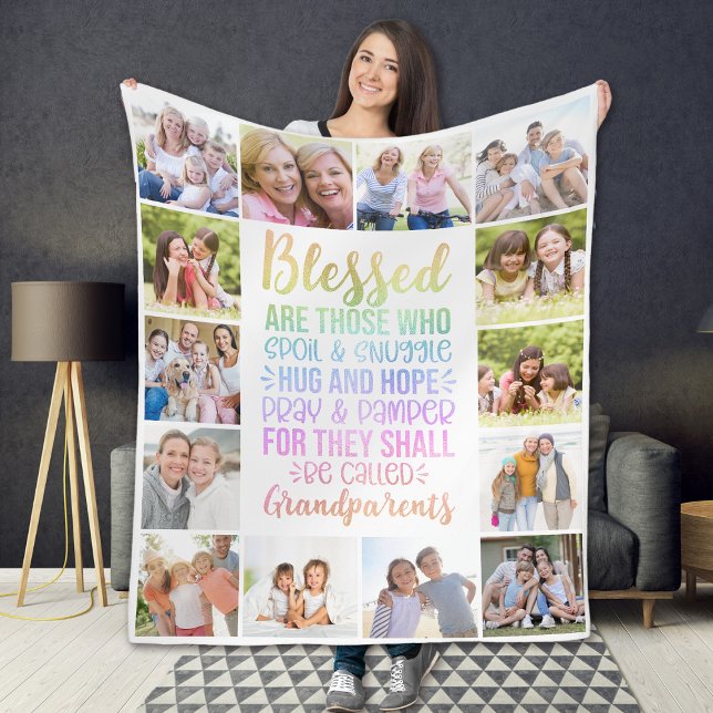 Blessed Grandparents Photo Collage Fleece Blanket (Creator Uploaded)