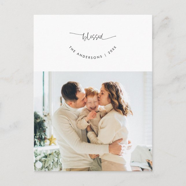 Blessed, Greeting, Family Photo, Smiling Script Postcard (Front)