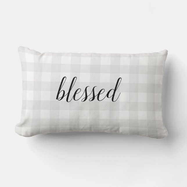 Blessed Grey Gingham Check Lumbar Pillow (Front)
