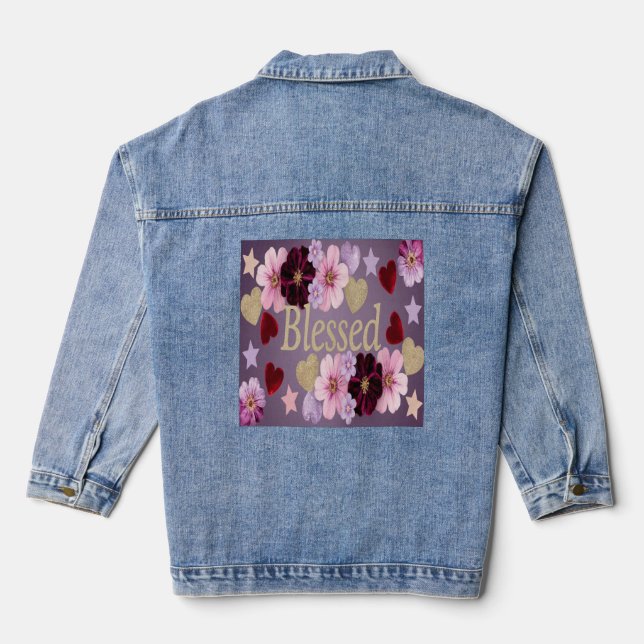 Blessed Hearts Flowers Blue Denim Jacket (Back)