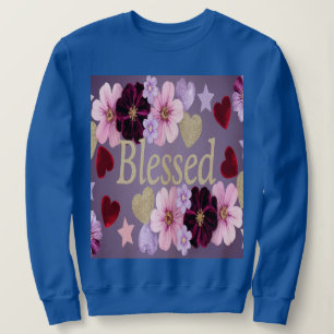 Blessed Hearts Stars Flowers Blue Sweatshirt