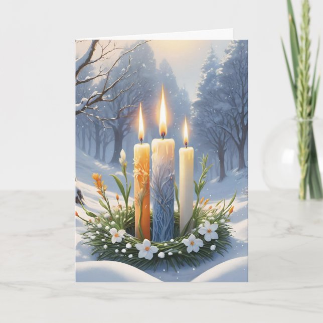 Blessed Imbolc Winter Floral Candle Wreath Wiccan Holiday Card (Front)