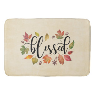 Blessed In Black Calligraphy And Autumn Leaves Bath Mat