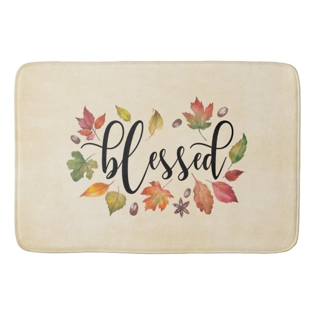 Blessed In Black Calligraphy And Autumn Leaves Bath Mat (Front)