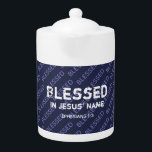 BLESSED IN JESUS' NAME Christian Scripture Blue<br><div class="desc">Inspirational message based on Ephesians 1:3. The background and reverse say 'Blessed' in a tiled pattern. All text is customisable,  so you can personalise with your own favourite message or text. Please email me if you have any queries or special requests. Matching items available.</div>