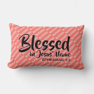 BLESSED IN JESUS' NAME Christian Scripture Coral Lumbar Cushion