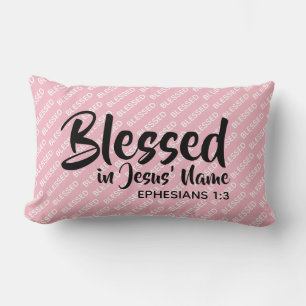 BLESSED IN JESUS' NAME Christian Scripture Pink Lumbar Cushion