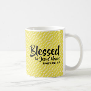 BLESSED IN JESUS' NAME Christian Scripture Yellow Coffee Mug