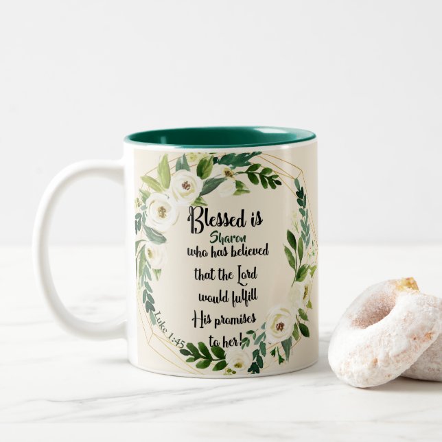 Blessed Is She Who Believed Name Christian Two-Tone Coffee Mug (With Donut)